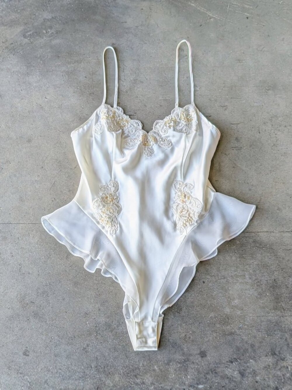 Vintage Victoria's Secret Ivory Satin Embellished Ruffle Bodysuit medium NWT